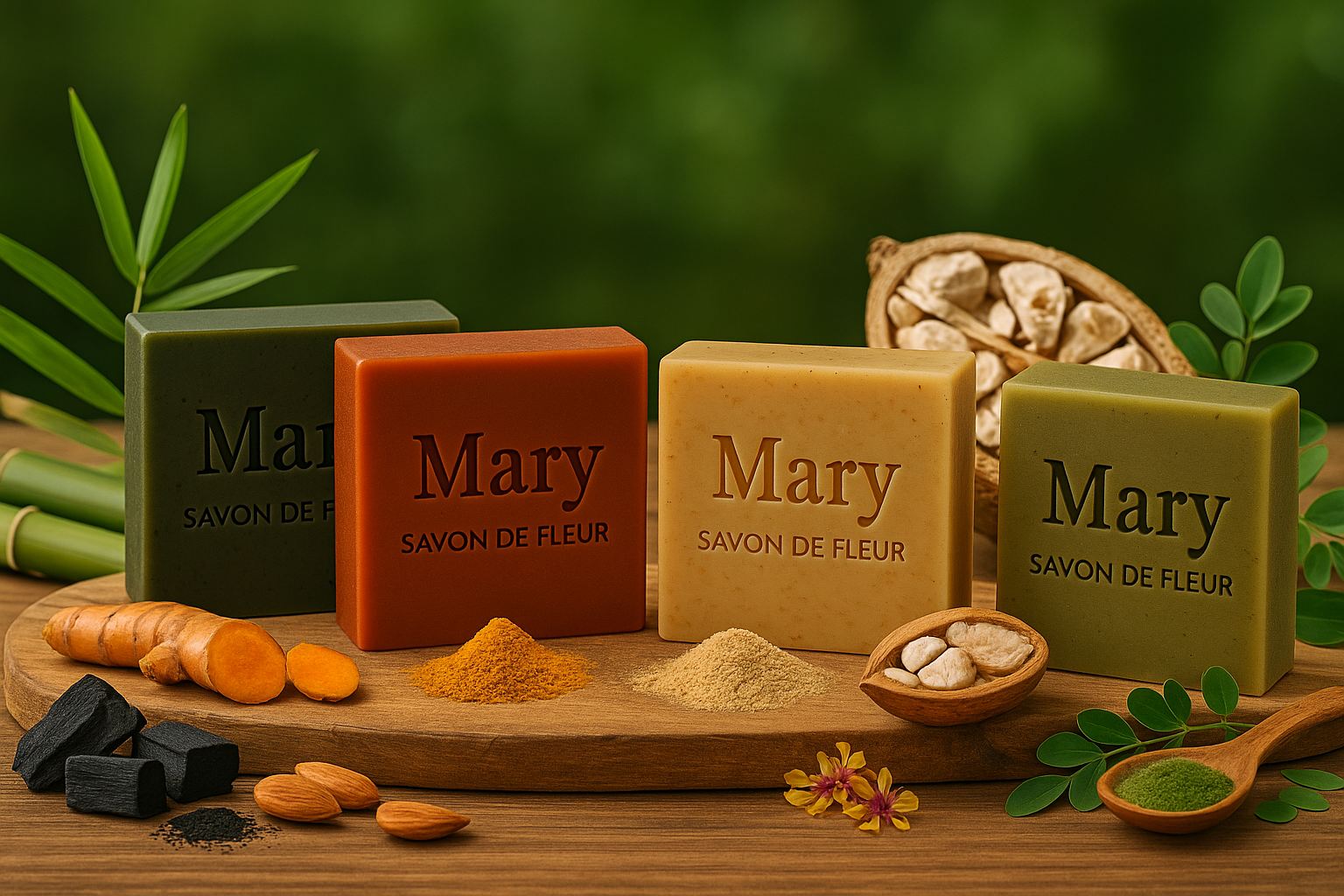 Vier natuurzeepjes met kruideningredienten 1 Mary Savon de Fleur