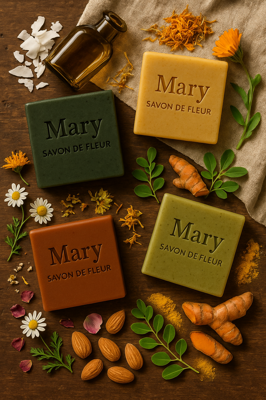 Over-ons-kurkuma- en moringazeep van Mary Savon de Fleur – handgemaakt, natuurlijk en huidvriendelijk